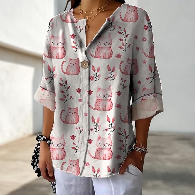 Long Sleeve Shirts for Women V Neck Button Boho Graphic Blouses Casual Collared Fashion Summer Flowing Tops