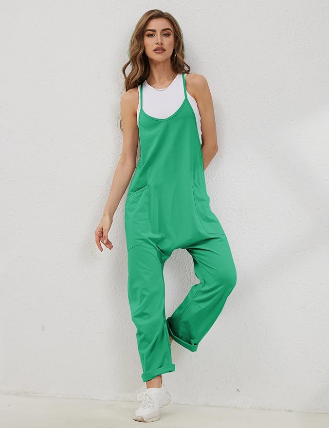 Lentta Women's Causal Jumpsuits V Neck Sleeveless Harem Overalls Stretchy Adjustable Strap Romper with Pockets