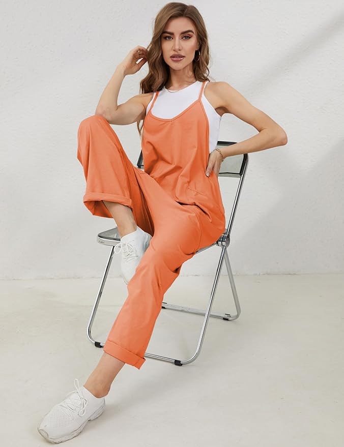 Lentta Women's Causal Jumpsuits V Neck Sleeveless Harem Overalls Stretchy Adjustable Strap Romper with Pockets