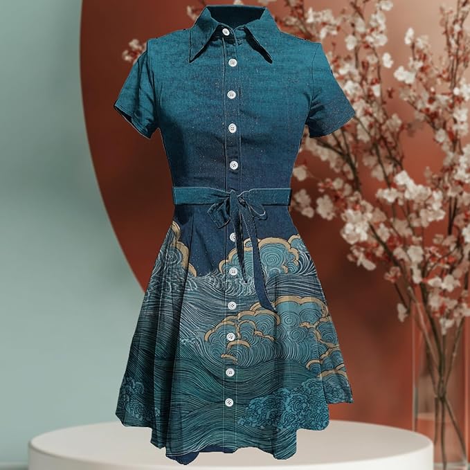 MARSVOVO Japanese Art Shirt Dresses for Women Short Sleeve Ruffle Button Down Tie Waist Trendy Elegant Midi Dress