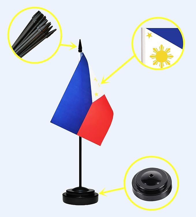 Philippines Filipino Deluxe Desk Flag Set Small Mini Miniature Philippines Filipino Table Desktop Flags With Solid Pole, Black Base and Spear Top(2 Pack)