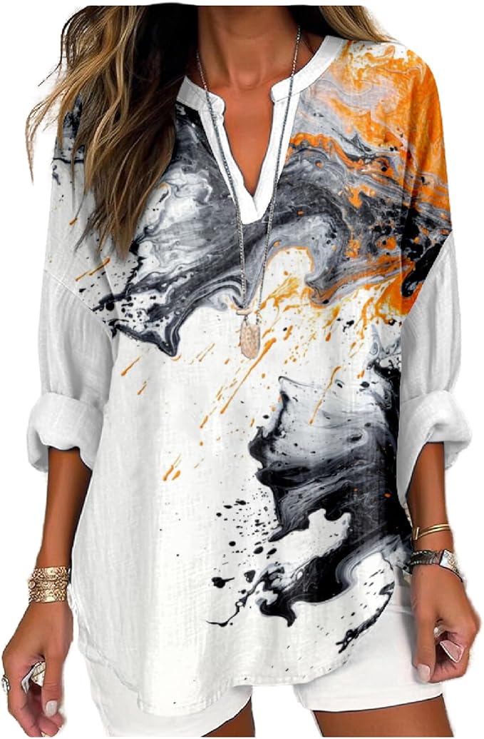 MARSVOVO V Neck Shirt For Women Boho Multi Style Blouse Long Sleeve Novelty Graphic Plus Size Pullover Tops For Women