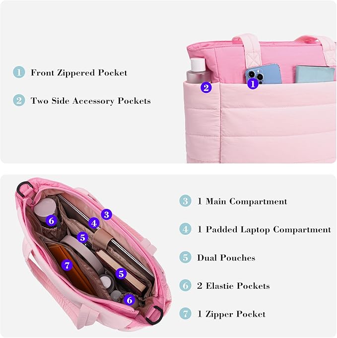 AOCINA Puffer Tote Bag for Women Quilted Work Bag Nurse Bags Women's Shoulder Handbags for Travel Gym Gifts Laptop Purse