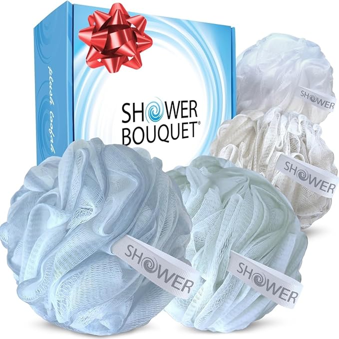 SHOWER BOUQUET Loofah-Bath-Sponge XL Soft-Pastel-Colors 4-Pack // Extra-Large 75g Mesh Luffa Loofa Loufa Puff Pouf Set/Exfoliating Body Scrubber for Women and Men - Exfoliate & Soothe Face & Body