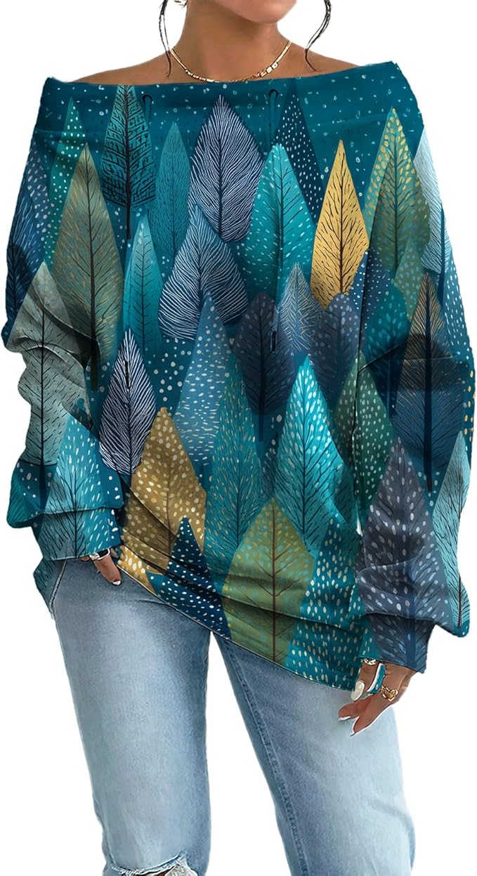Womens Sweatshirts Floral Print Sexy Off The Shoulder T Shirts Oversized Long Sleeve Pullover Fall Tops