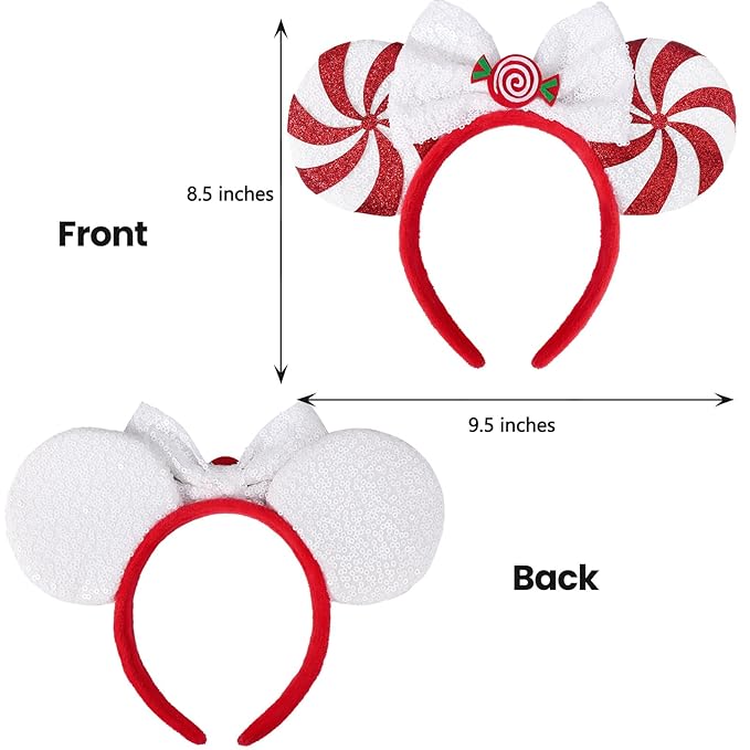 ETLUK Christmas Ears for Women Adult Kids, Peppermint Candy White Red, Glitter Park Ears Christmas Headband for Christmas Party Gathering Cosplay Costumes Accessories