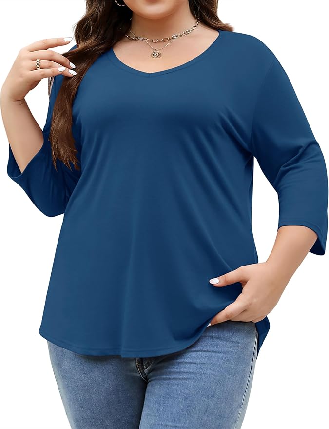 TFSDOD Womens Plus Size Tops V Neck T Shirts 3/4 Sleeve Blouse Summer Casual Tees XL-5X