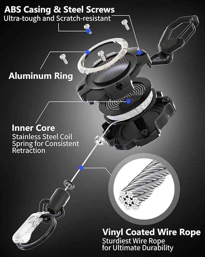 LIUGX Retractable Keychain, Heavy Duty Carabiner Key Chains, 10,000+ Rebound, Impact Resistance Tactical ID Badge Reel with 31.5” Wire Rope and Key Ring, Up to 8oz, Aluminum Ring, Carbon Fiber-Texture