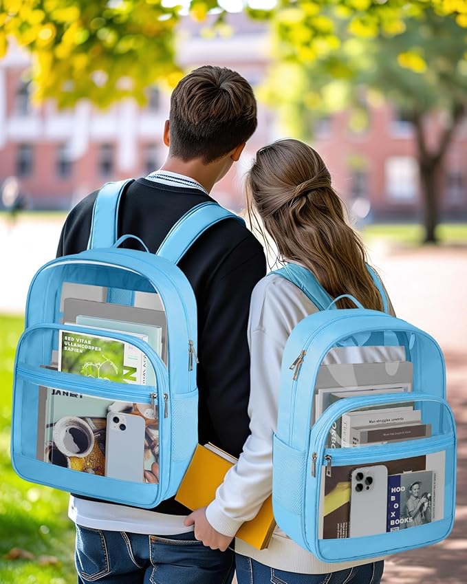 KIMNERPU Clear Backpack, Heavy Duty Transparent Bookbag for School, Fabric & PVC Transparent Backpack with Reinforced Strap for Women Men, Capacity Clear Bag for College, Sky Blue