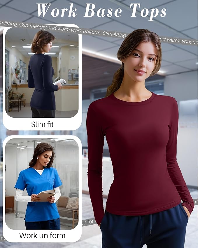 4 Pack Women's Underscrub Shirts Nurse Undershirts Long Sleeve Crewneck Slim Fit Tops Soft Stretchy Basic Tee