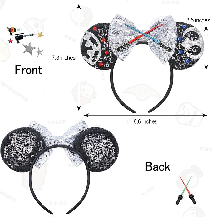 ETLUK Mouse Ears Headband, Sequin Star Ears Headband for Adult Women Girls, Sparkling Bow & Lightsaber Design for Cosplay Accessories Party Decorations