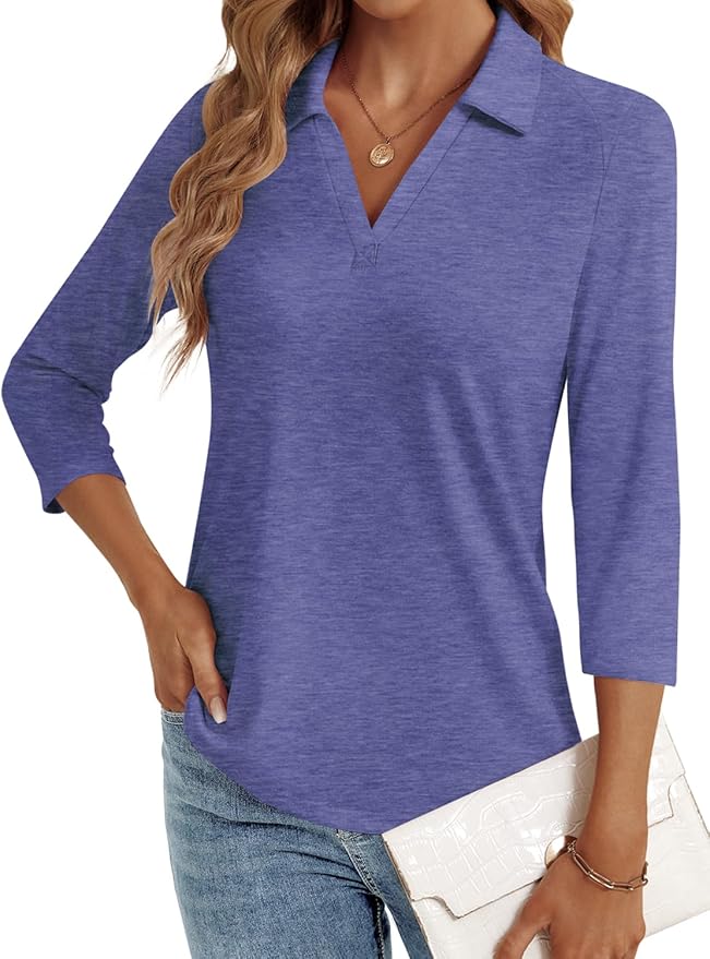3/4 Length Sleeve Womens Tops Dressy Casual V Neck Polo Shirts Business Work Blouses 2025 Trendy Tunic Top
