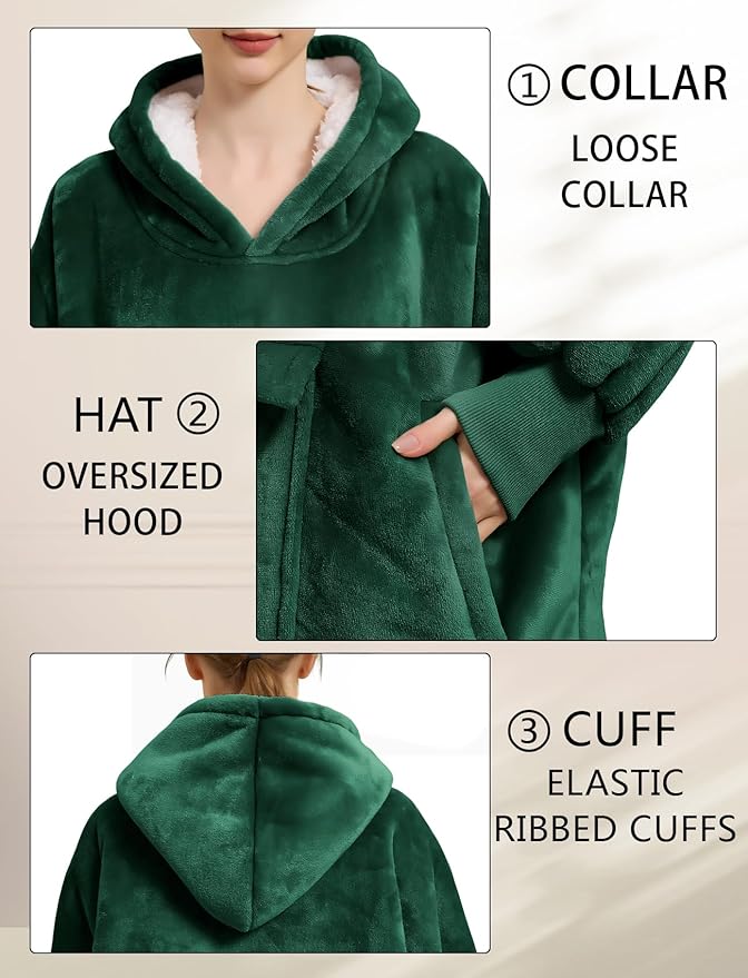 KFUBUO Wearable Blanket Hoodie for Adults Sherpa All Patterns Oversized Sweatshirt Blanket with Pockets Gifts for Mom Emerald Green