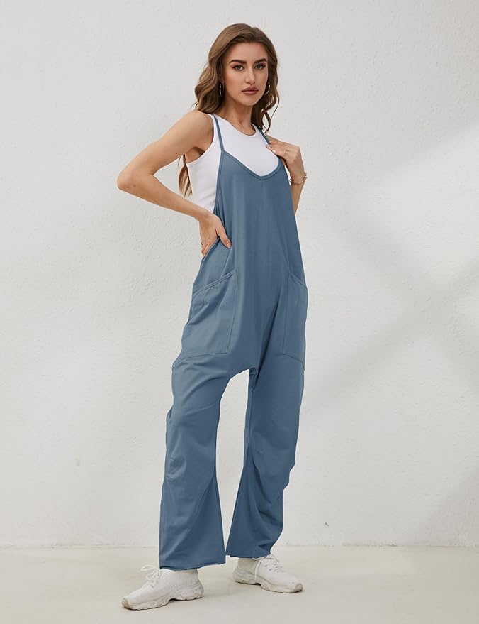 Lentta Women's Causal Jumpsuits V Neck Sleeveless Harem Overalls Stretchy Adjustable Strap Romper with Pockets