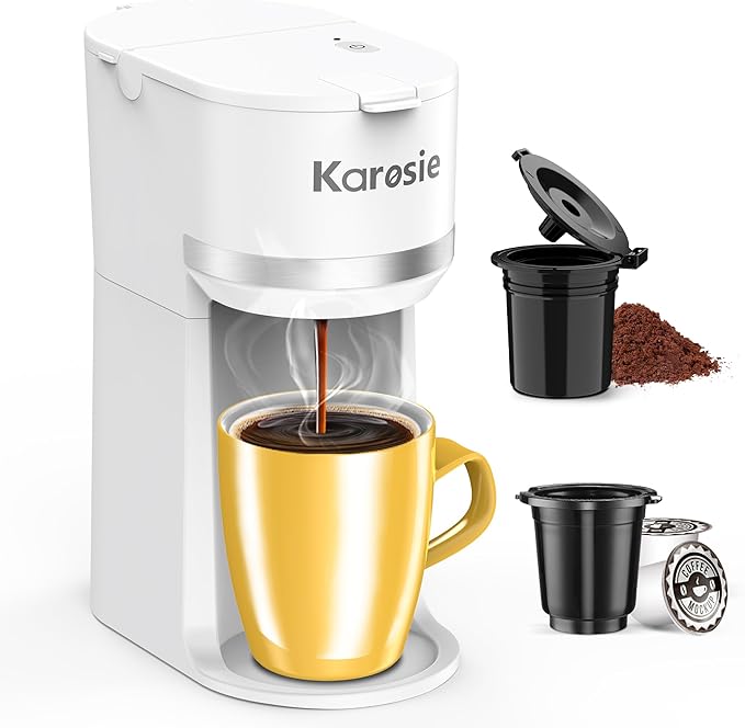Karosie Single Serve Coffee Maker for K-Cup and Ground Coffee, Fast Brew, 6-12 oz Brew Sizes One Cup Coffee Machine Fits 5.5" Mugs, One-Button Small Coffee Maker with Descaling Reminder,White