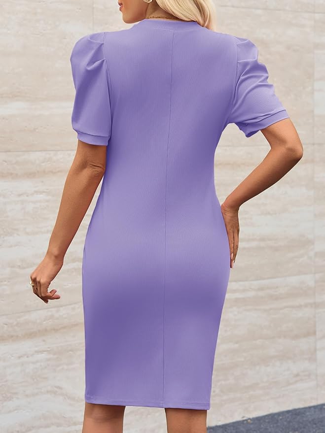 Cicy Bell Women's Puff Sleeve Bodycon Work Dresses Crew Neck Business Casual Office Pencil Dress