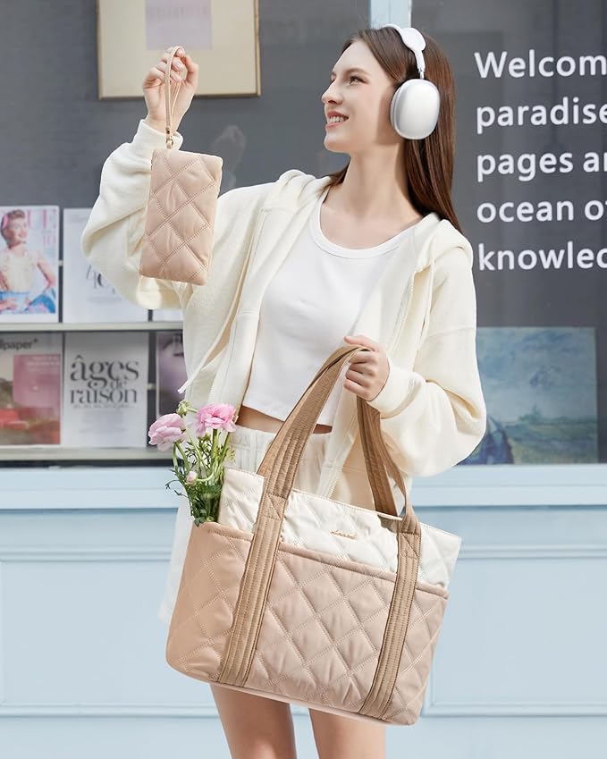 LOVEVOOK Puffer Tote Bag for Women, Puffy Work Handbag, Travel Shoulder Carry On Bag with Zipper for Teacher Nurse Gym