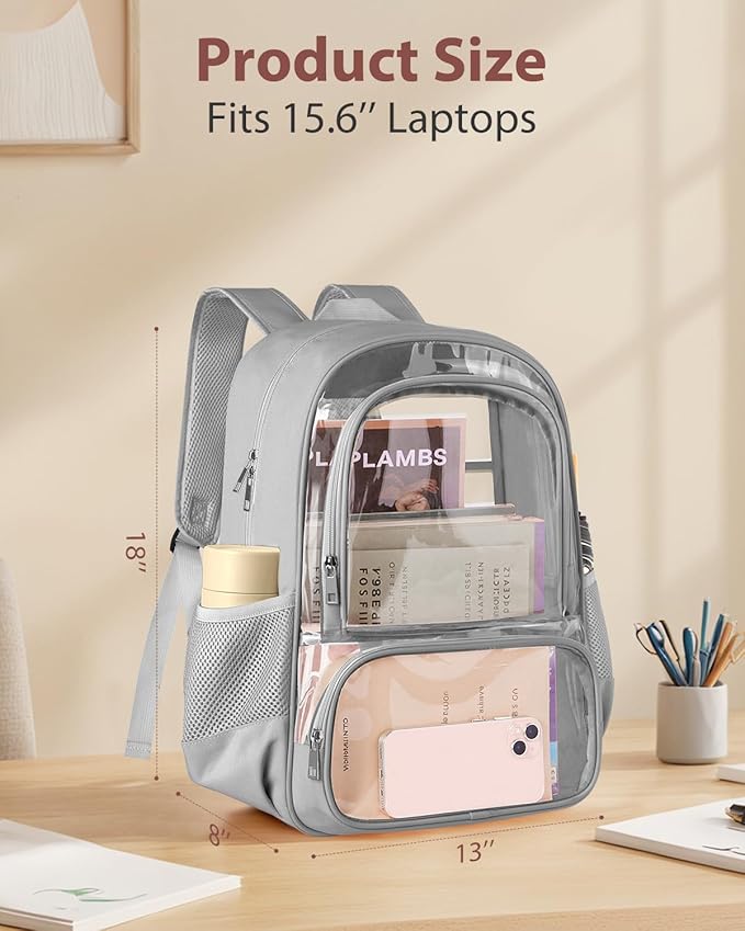 KIMNERPU Clear Backpack, Heavy Duty Transparent Bookbag for School, Fabric & PVC Transparent Backpack with Reinforced Strap for Women Men, Capacity Clear Bag for College, Travel, X-Large Grey