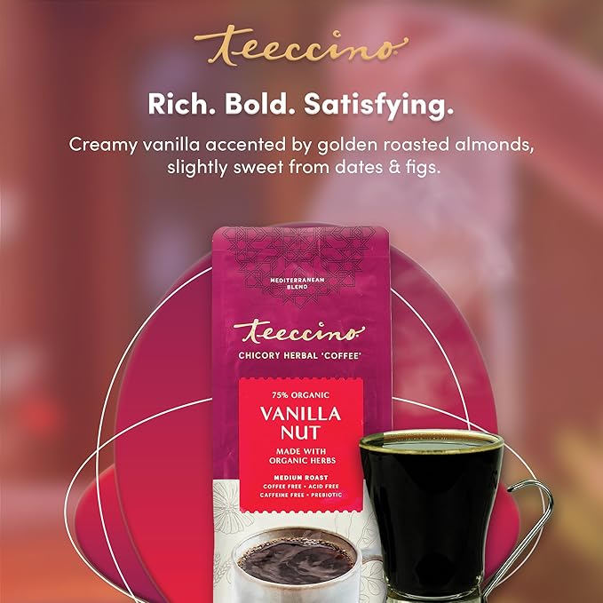 Teeccino Vanilla Nut Chicory Coffee Alternative - Ground Herbal Coffee That’s Prebiotic, Caffeine Free & Acid Free, Medium Roast, 11 Ounce (Pack of 6)