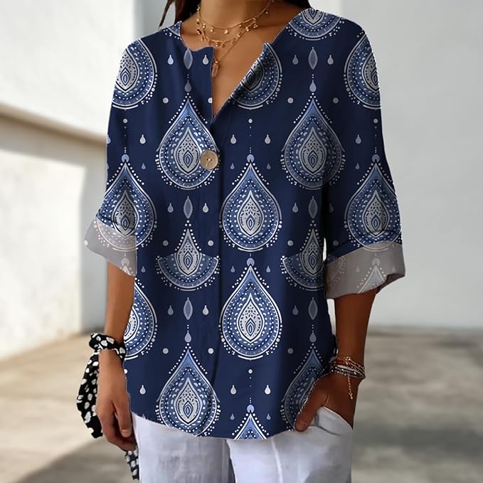 Long Sleeve Shirts for Women V Neck Button Boho Graphic Blouses Casual Collared Fashion Summer Flowing Tops