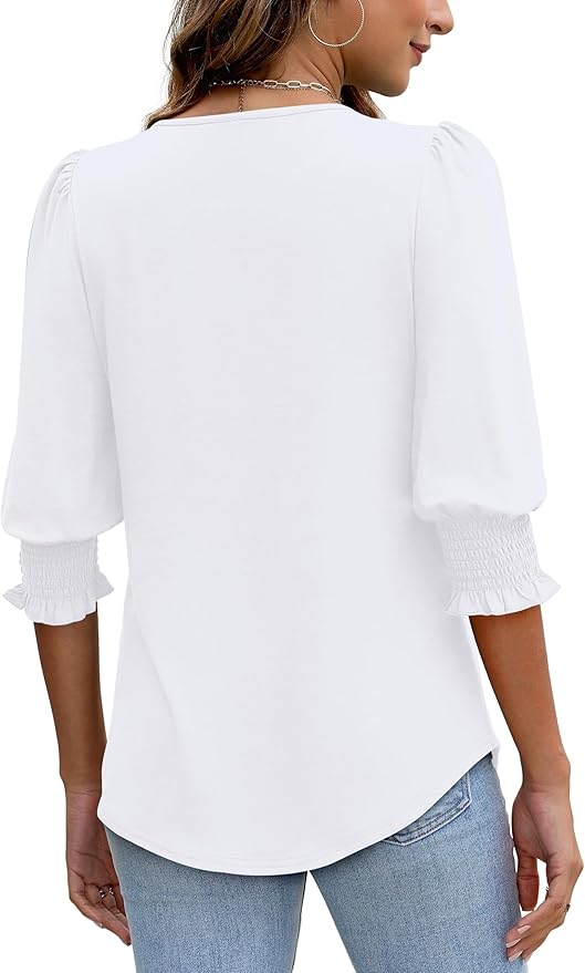 XIEERDUO Blouses for Women Dressy Casual 3/4 Length Sleeve Womens Tops with Smocked Cuffs
