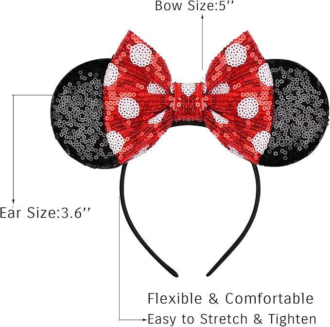 Sequin Mouse Ears Headbands for Women Girls Boys, Glitter Bows Headband for Kids Adults Birthday Party Costume Halloween