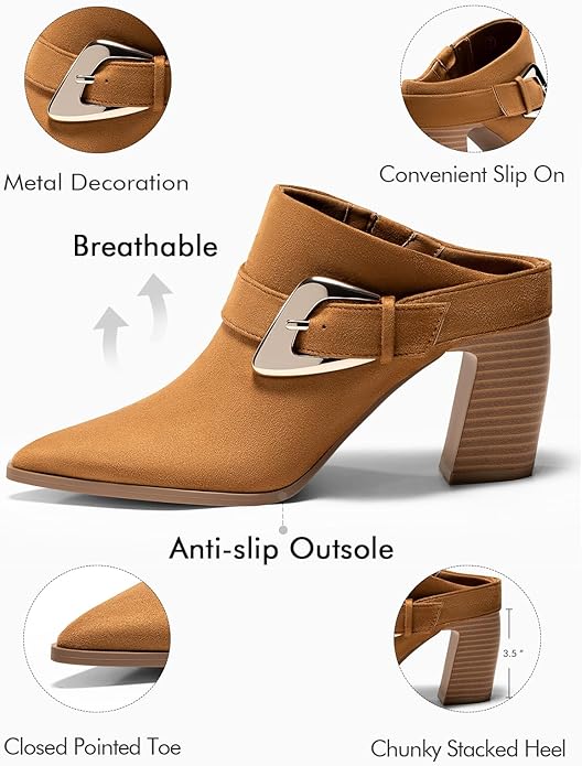 Coutgo Womens Mules Boots Chunky Stacked Heel Pointed Toe Booties Slip On Dress Boot Shoes with Buckle Decoration