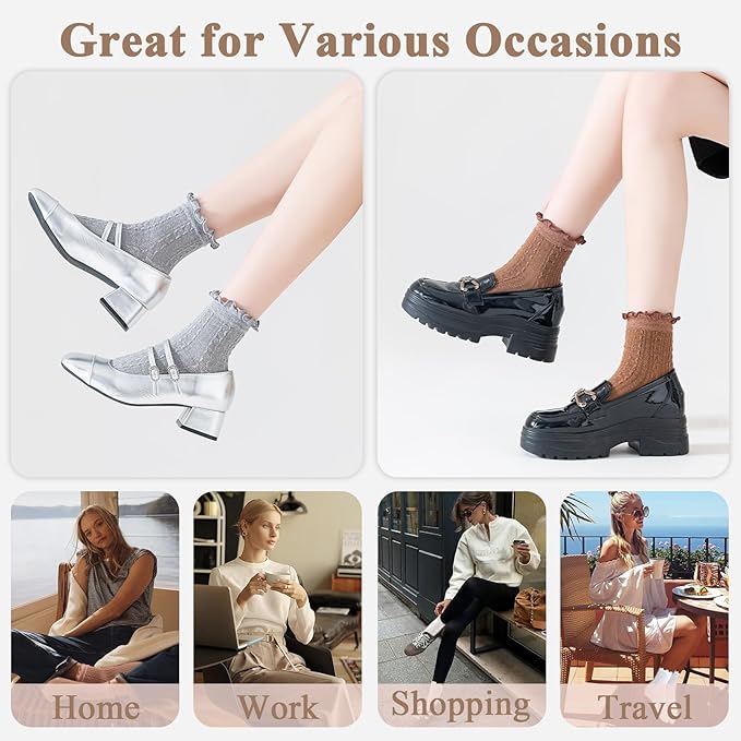 Mcool Mary Womens Crew Socks Ruffle Casual Cotton Frilly Breathable Cute Knit Lettuce Trim Dress Ankle Socks 6 Pack
