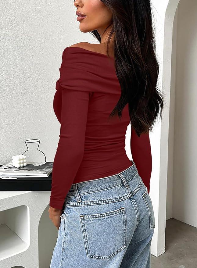 Darong Women's Off Shoulder Tops Y2K Shirt Slim Fit Ruched Crop Top Long Sleeves Spring Fall Blouse Going Out Shirt