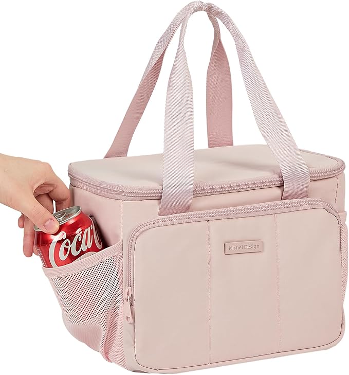 NISHEL Lunch Bag for Women, Insulated Leakproof Cooler Case with Detachable Shoulder Strap & Multiple Pocket, Easy-Clean PEVA Lining, Puffy Design for Work，Pink