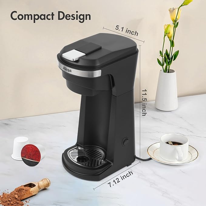 Aiosa 2 in 1 Single Serve Kcup Coffee Maker (6-14Oz), 800W Fast Brew, Compact Design with Reusable Filter, One-Button Auto Shut-Off, Travel Mug Fit, Compatible with K-Cup/Ground Coffee/Tea, Black