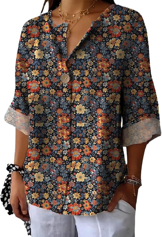 Long Sleeve Shirts for Women V Neck Button Boho Graphic Blouses Casual Collared Fashion Summer Flowing Tops