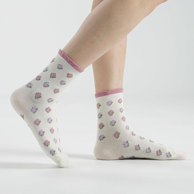Kikiya Women's Cotton Crew Socks - Cute Flower Graphic Polka Dot Striped Heart Patterned - Ladies Girls Casual Socks Size 6-8