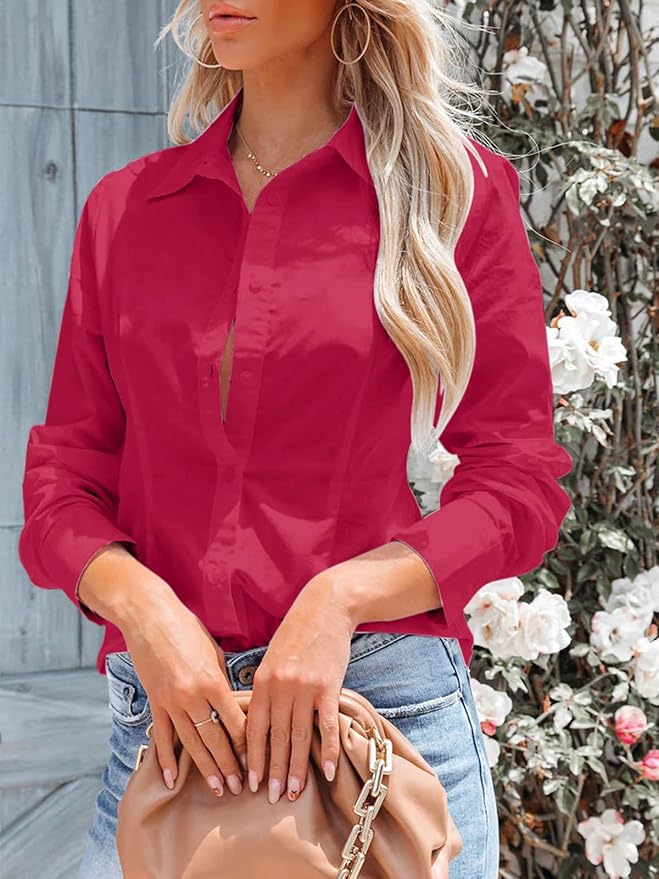 siliteelon Women's Button Down Shirts Long Sleeve Dress Shirts Wrinkle Free Collared Work Office Solid Blouses Corset Tops