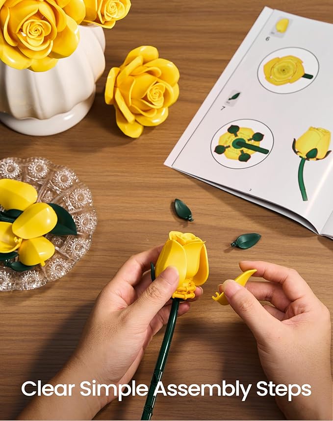 iATOM Yellow Rose Bouquet Building Set, 12Pcs Flowers Botanical Collection Kit for Adults, Valentine's Day Gift for Her/Girlfriend/Mom/Wife/Couple, Modern Home Office Table Centerpiece Decor Aesthetic