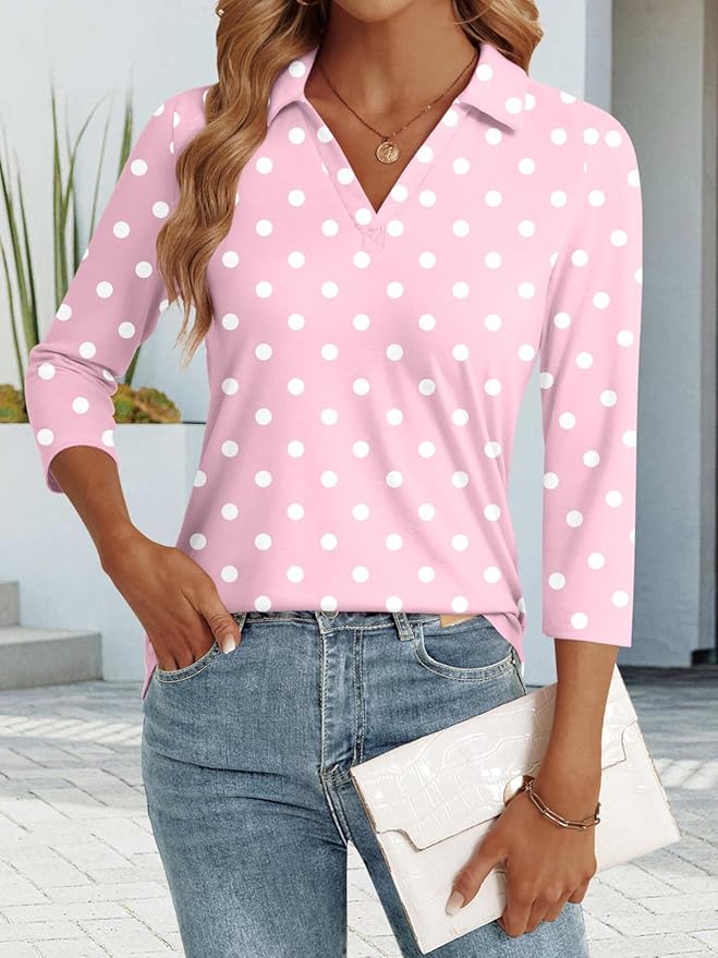 3/4 Length Sleeve Womens Tops Dressy Casual V Neck Polo Shirts Business Work Blouses 2025 Trendy Tunic Top