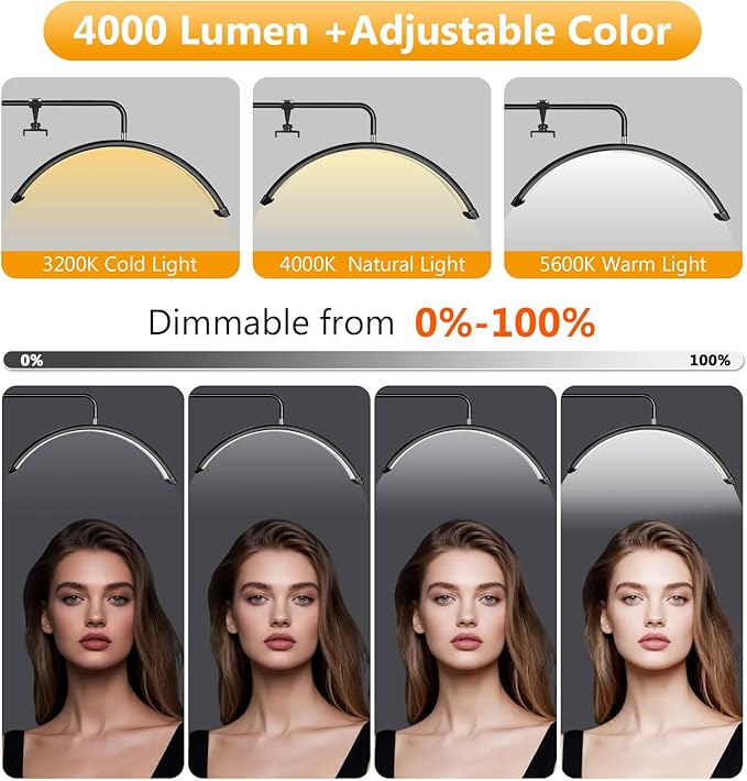 NATURALRISE LED Floor Lamp，Half Moon Lash Light for Eyelash Extensions, Nail Art & Tattoos | 3 Color Temperatures, 10-100% Dimming, Height Adjustable Reading Lamp for Bedroom, Office, Makeup Studio
