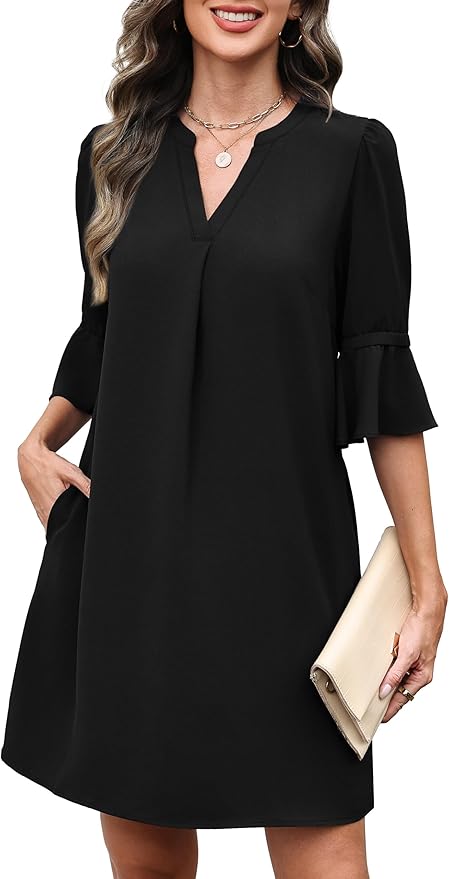 RUMIA Shift Dress for Women V Neck Ruffle Short Sleeve Loose Casual Summer Dress
