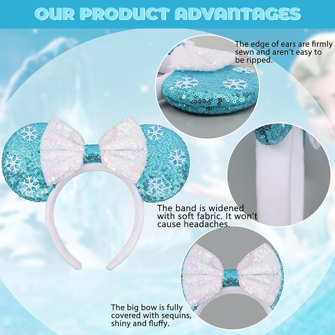 ETLUK Mouse Ears Headband, ICY Blue Snowflake Sequin Ear Headband with Bow，Princess Mouse Ears for Women Girls, Cosplay Accessories Party Decorations(Blue)