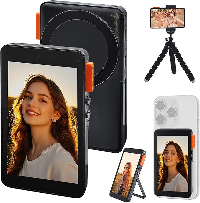 Magnetic Phone Selfie Monitor Screen, 1080P Wireless Back Camera Selfie Monitor with Focus Adjustment, Audio Sync, Photo Button and Aluminum Stand for Vlog Live Stream TikTok (Black)