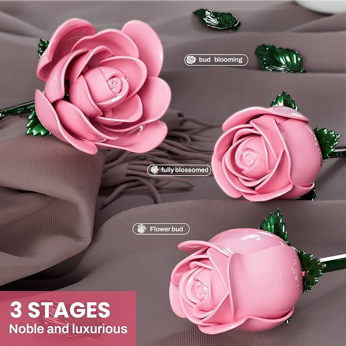 XGSHJ Valentine's Day Gift Pink Rose Bouquet Building Set for Adults Women - 12 Pack Botanical Collection Gift for Christmas Artificial Flowers Botanical Collection Centerpiece Retro Decor