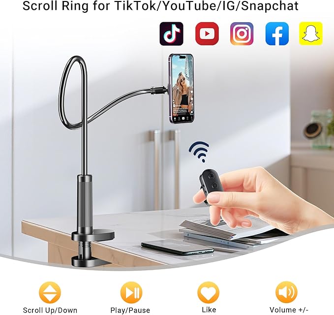 Magnetic Phone Holder for Bed Laying Down with Scrolling Ring Remote Page Turner, Bedside Gooseneck Phone Stand for iPhone Reading, Flexible Mount with Clicker for iPhone/Tiktok/Short Video