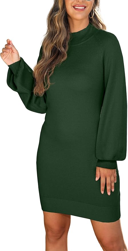 GRECERELLE 2026 Women's Mock Neck Ribbed Long Sleeve Bodycon Pullover Cute Mini Sweater Dress (XS-2XL)