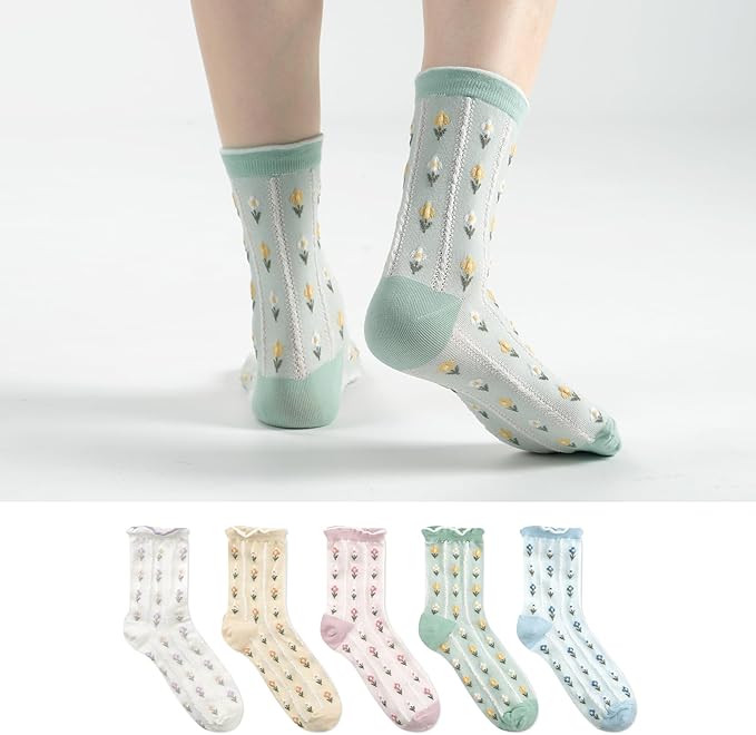 Kikiya Women's Cotton Crew Socks - Cute Flower Graphic Polka Dot Striped Heart Patterned - Ladies Girls Casual Socks Size 6-8