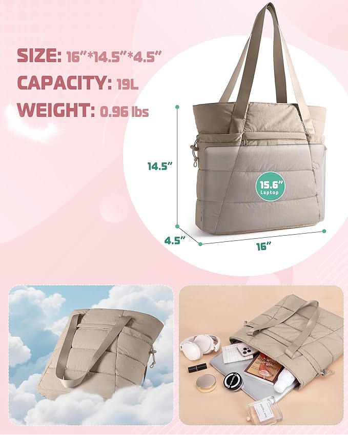 Puffer Tote Bag for Women, Lightweight Tote Bag for Work and School, Khaki