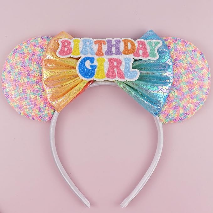 LIHELEI Mouse Ears Headband, Princess Pink Headbands for Women Birthday Party, Sequin Bows Headwear Hair Accessories- Birthday Headband