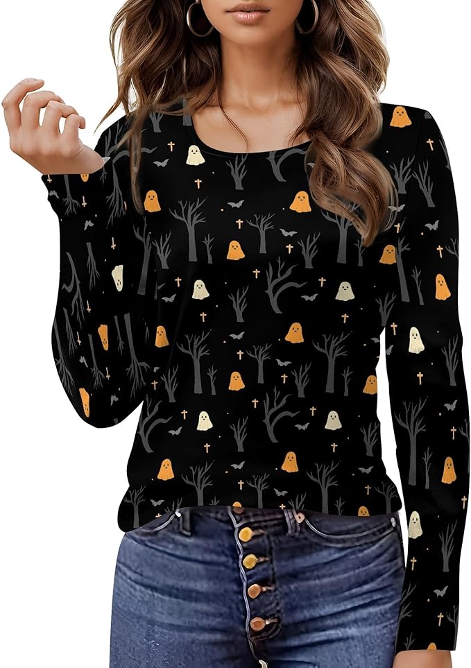 domirica Halloween Sweatshirts For Women Cute Pullover Fall Long Sleeve Pullover U-Neck Halloween Crazy Party Club Clothes