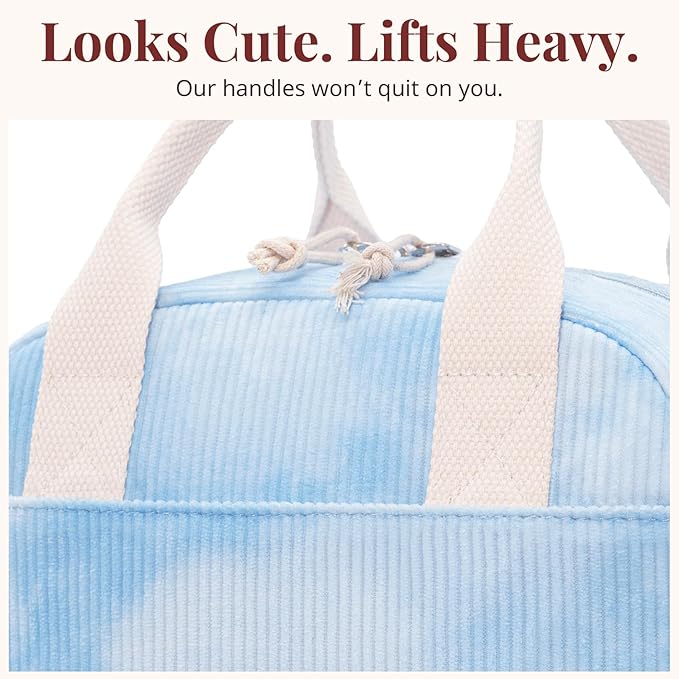 Insulated Sky Blue Lunch Bag for Women, Stylish Corduroy Tote with Aluminum Lining, Large Capacity Reusable Cooler for Work, Travel, or Beach, Beige Cream Water-Resistant Lunch Box