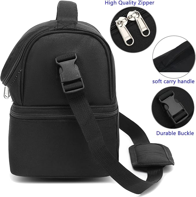 FlowFly Double Decker Cooler Insulated Lunch Bag Large Tote for Boys, Girls, Men, Women, With Adjustable Strap,Black