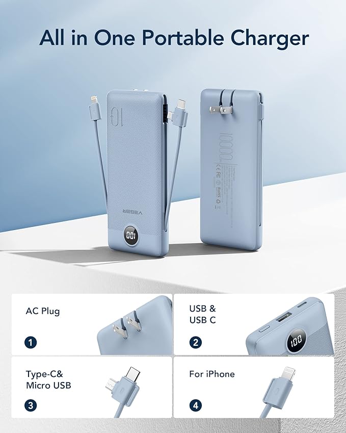VEGER Portable Charger for iPhone Built in Cables and Wall Plug, 10000mah Slim Fast Charging USB C Power Bank, Travel Essential Battery Pack Compatible with iPhones, iPad, Samsung More Devices(Blue)